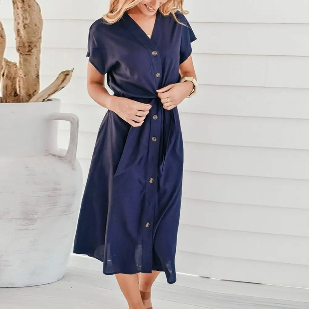

Plus Size Summer Dress Women Dresses Casual Button Placket High Waist Female Women Solid Color Button Placket Women Dress 2021