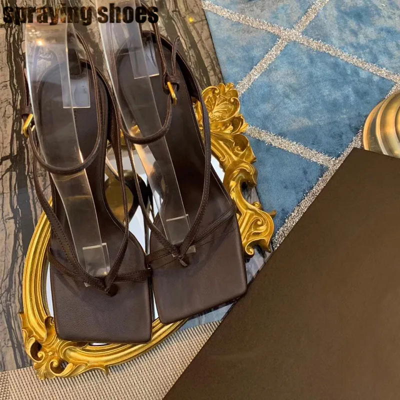 Genuine Leather Стильные женские шлепанцы с квадратным носком; Летние кожаные босоножки; пикантные шлепанцы на высоком каблуке; Женская обувь в римском стиле - Цвет: Genuine Leather