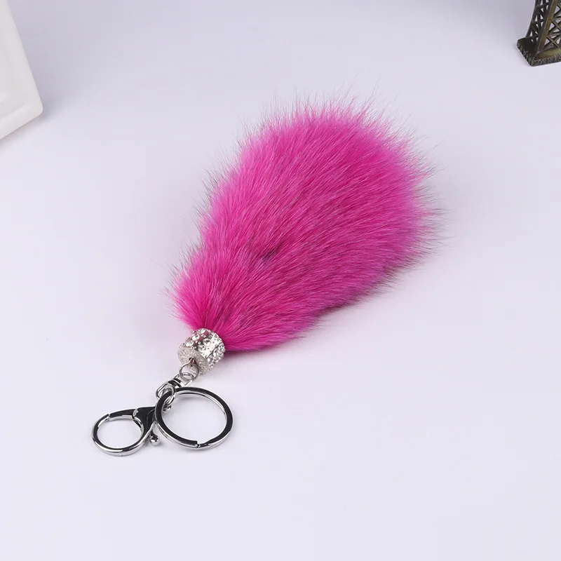 hot pink Роскошный 13 см Пушистый натуральный Лисий Мех Хвост помпоны натуральный мех помпон металлический брелок для ключей кольцо Подвеска для женщин f278 - Color: hot pink
