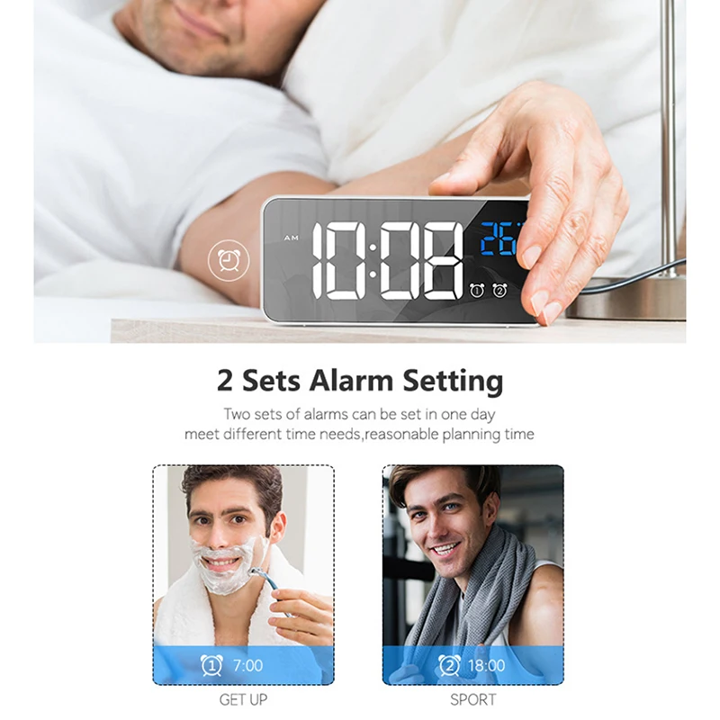 

LED Mirror Alarm Clock Sound-Activated Clock Multifunction Rechargeable Bedside Music Clock Dual Alarms With Snooze Function