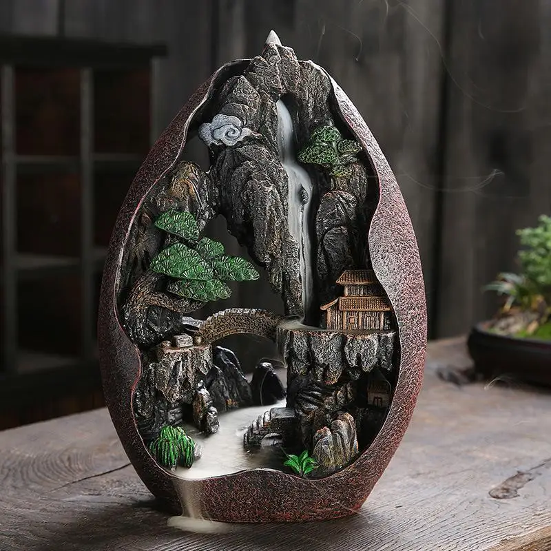 

Water Backflow Incense Burner Lofty Mountains And Flowing Cerative Resin Smoke Waterfall Incense Sticks Holder 20 Pcs Cones