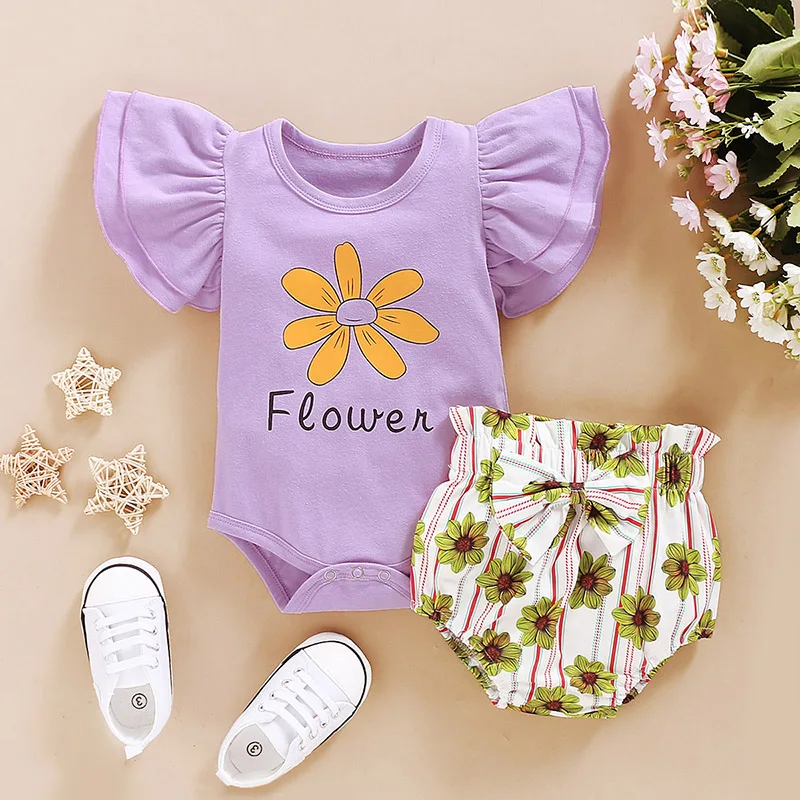 

2020 TALLOLY new baby purple sunflower print romper + triangle shorts