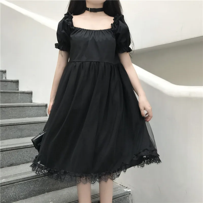 

Women Dress French Girls Net Dresses Summer New Style Bubble Sleeve Black And White Solid Color Tie Bow Lace Dress Women Clothes