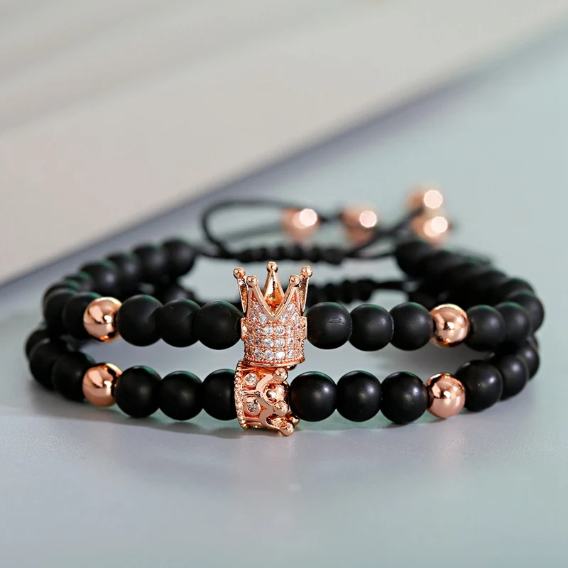 2 шт./компл., классика, корона, пара, браслеты для женщин и мужчин, 6 мм, натуральный камень, браслет из бисера, шарм, браслет, роскошные ювелирные изделия