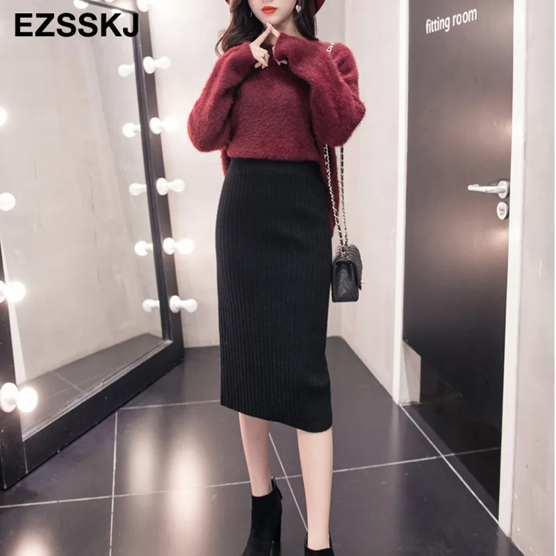 60-80 см эластичные женские юбки осень зима теплая трикотажная прямая юбка ребристая юбка средней длины черная