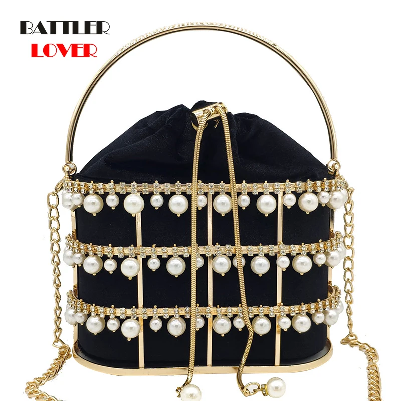 

Women Double Flower Synthetic Pearl Diamond Top-Handle Bucket Tote Bag Evening Clutch Purse Ladies Chain Shoulder Crossbody Bag