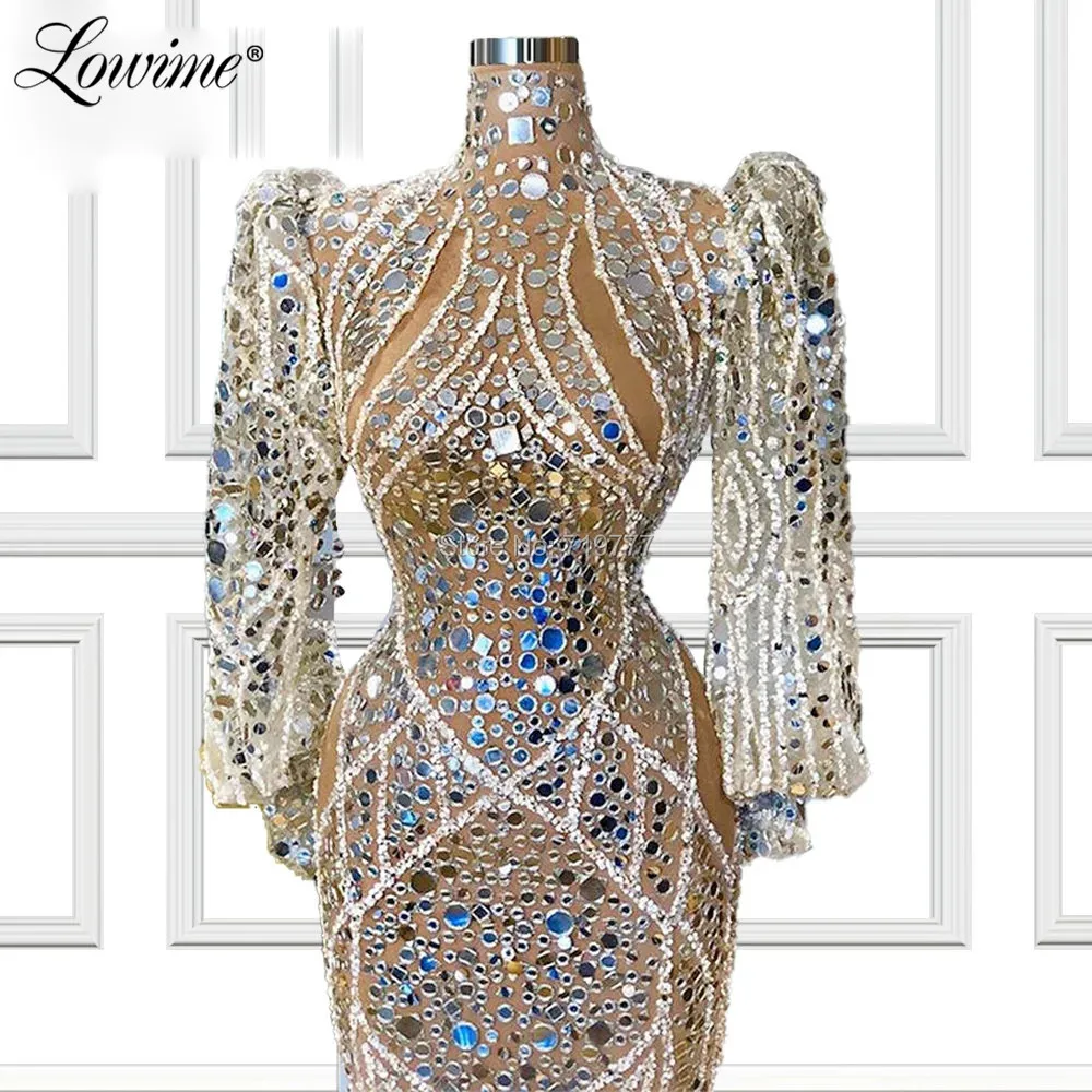 Silver Crystals Dubai Evening Dresses Vestidos De Fiesta Long Sleeves Arabic Celebrity Party Dresses 2021 Customized Prom Gowns