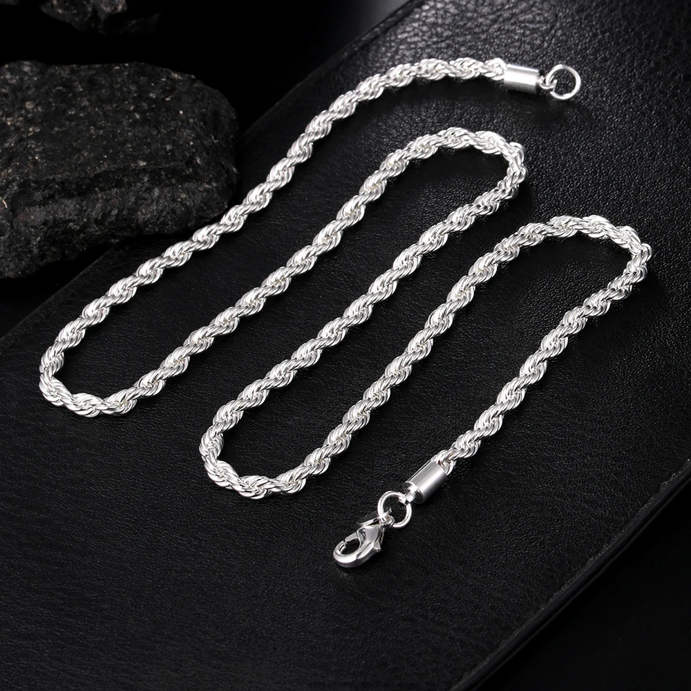 

Hot Sale Men's Link Necklace Silver Color 4MM Twisted Rope Chain Necklace Fashion Gift Jewelry Chain Length 16-24inches