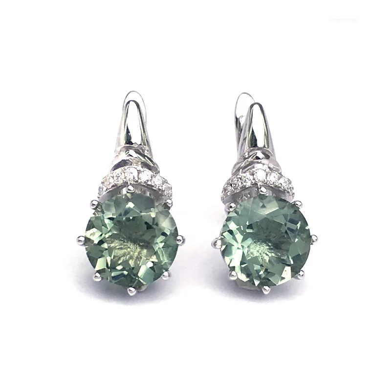 Серьги CSJ из серебра 925 пробы с натуральным зеленым аметистом 8 мм 5 карат |