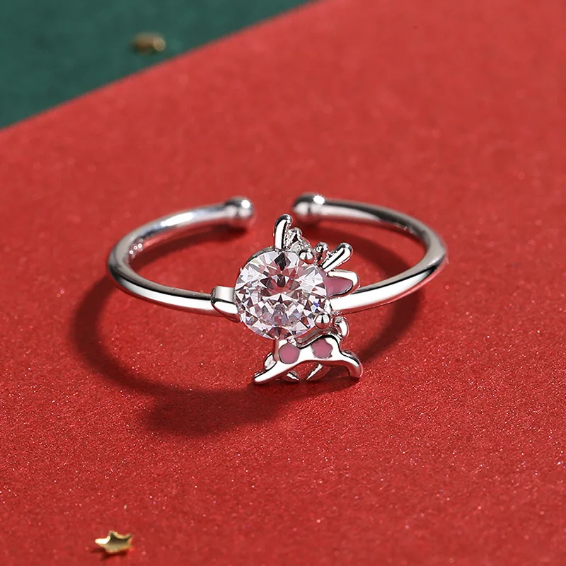 

100% Real 925 Sterling Silver Elk Open Rings White Zircon Elk Adjustable Ring for Women Girls Fine Jewelry