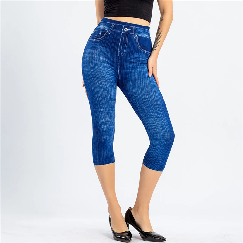 

High Waist Leggings Women's Pants Women's Clothing for The Summer Imitation Denim Hips Thin Slimming Seven Cropped Trousers