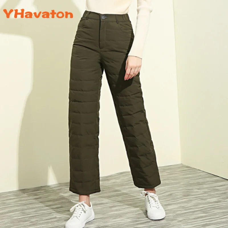 Army Green YHavaton, зимние, элегантные, белые, на утином пуху, штаны для женщин, винтажные, с высокой талией, плотные, теплые брюки, женские, прямые брюки размера плюс - Цвет: Army Green