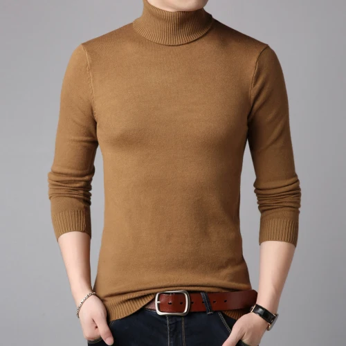Caramel color Зимний толстый теплый мужской свитер с высоким горлом, мужские свитера с высоким воротником, облегающий пуловер, Мужская трикотажная одежда с двойным воротником - Цвет: Caramel color