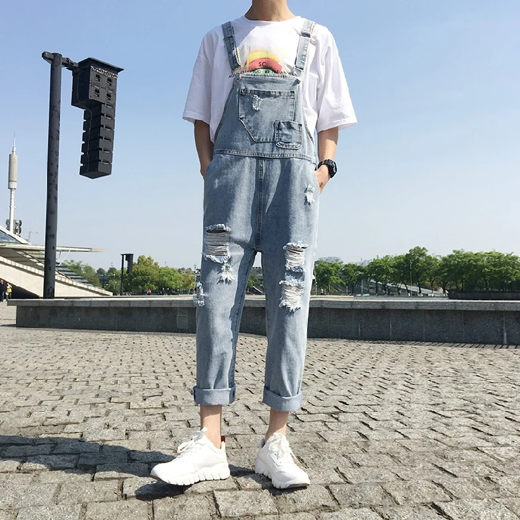 2020 Ripped Man Jeans Bib Youth Overalls Ankle Length Straight Hip Hop Hole Denim Jumpsuits Trousers Leisure Freight Cargo Pants