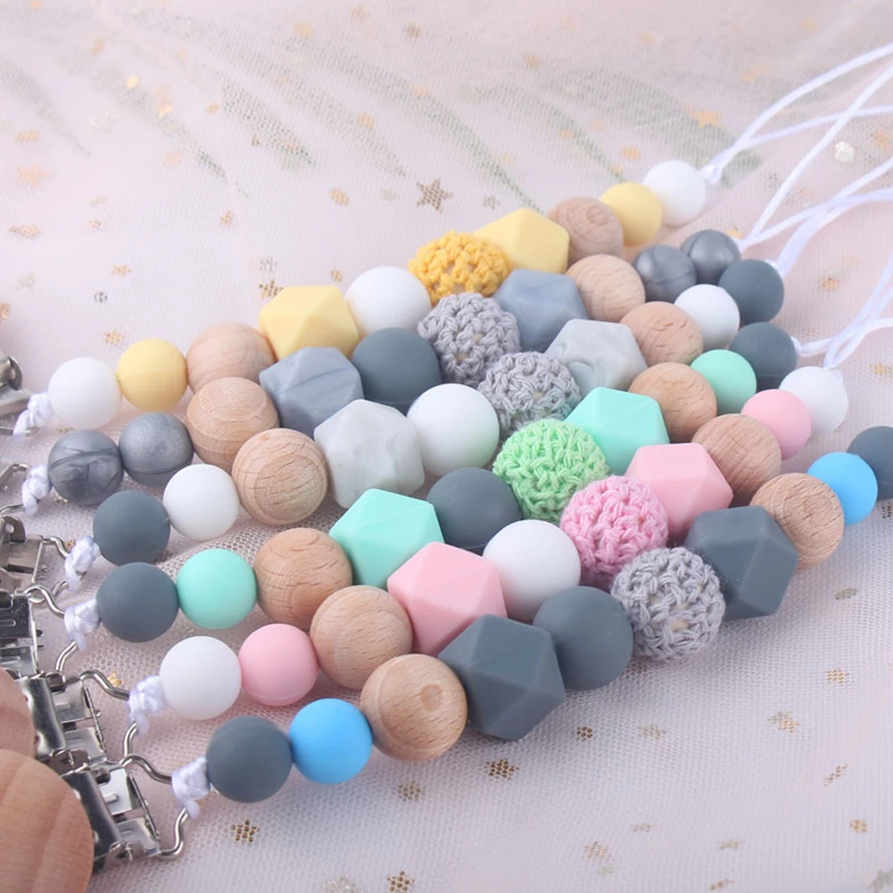 Wooden Nipple Holder Clip Chain Wood Beads Love Heart Baby Girl Boy Teether Soother Pacifier Clips Leash Strap | Мать и ребенок