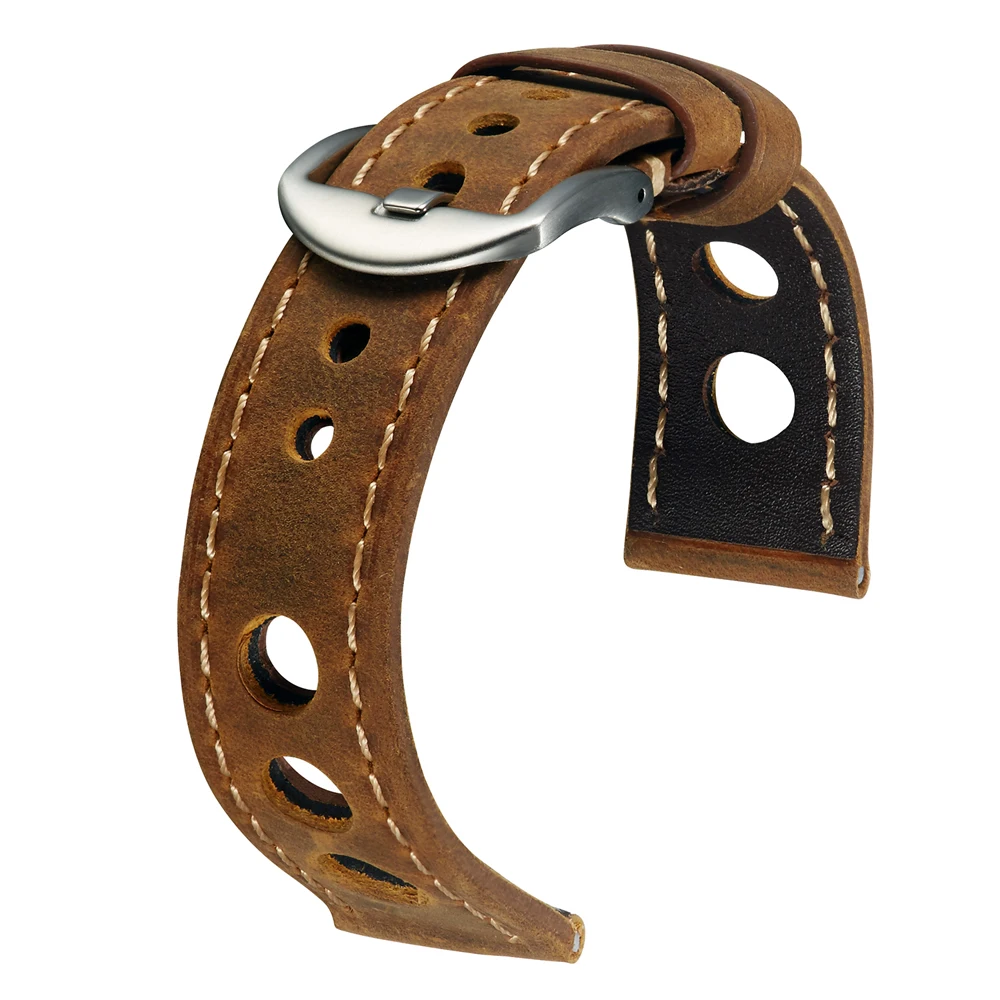 Genuine Leather Watch Strap Three holes Breathable Soft Watch Band Strap With Buckle Cowhide Watch Belt 20mm 22mm Vintage Brown