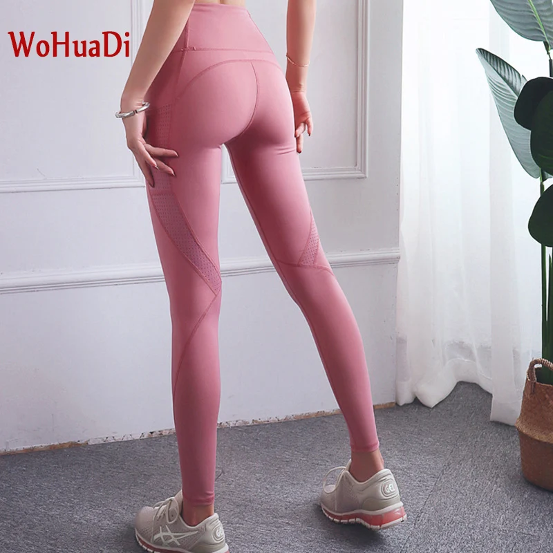 

WOHUADI Women Yoga Fitness Gym Leggings High waist yoga pants Side pocket gauze patchwork quick-drying yoga jogging leggings