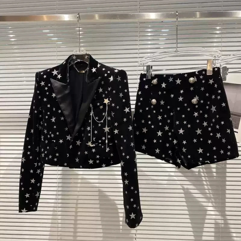 

HIGH STREET Newest 2022 Designer Suit Set Women's Shimmer Star Velvet Jacket Lion Buttons Shorts Set 2pcs