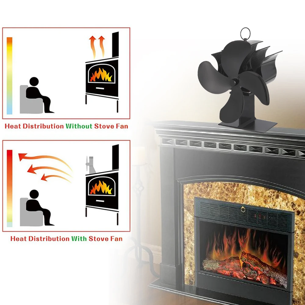 

Black Fireplace Fan 4 Blades Heat Powered Stove Fan Log Wood Burner Quiet Fan Home Efficient Heat Distribution Fireplace Fan