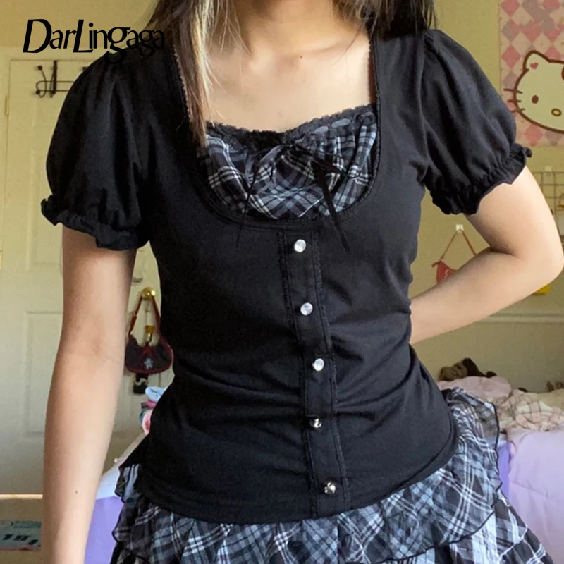 

Darlingaga Korean Kawaii Lace Plaid Patched Frill Short Sleeve T shirt Women Bow Casual Cute Tops Preppy Tees Aesthetic Summer