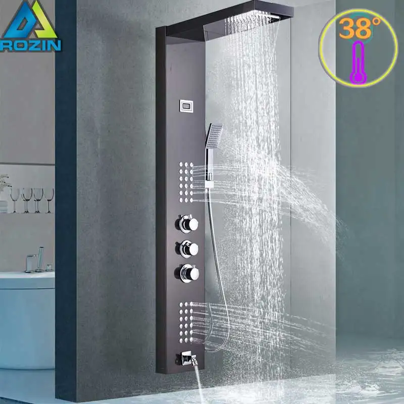 Oil Rubbed Bronze Интеллектуальная термостатическая душевая панель кран Термостатический Смеситель душевой набор водопад «тропический» душ кран система 3 ручки Ta - Цвет: Oil Rubbed Bronze