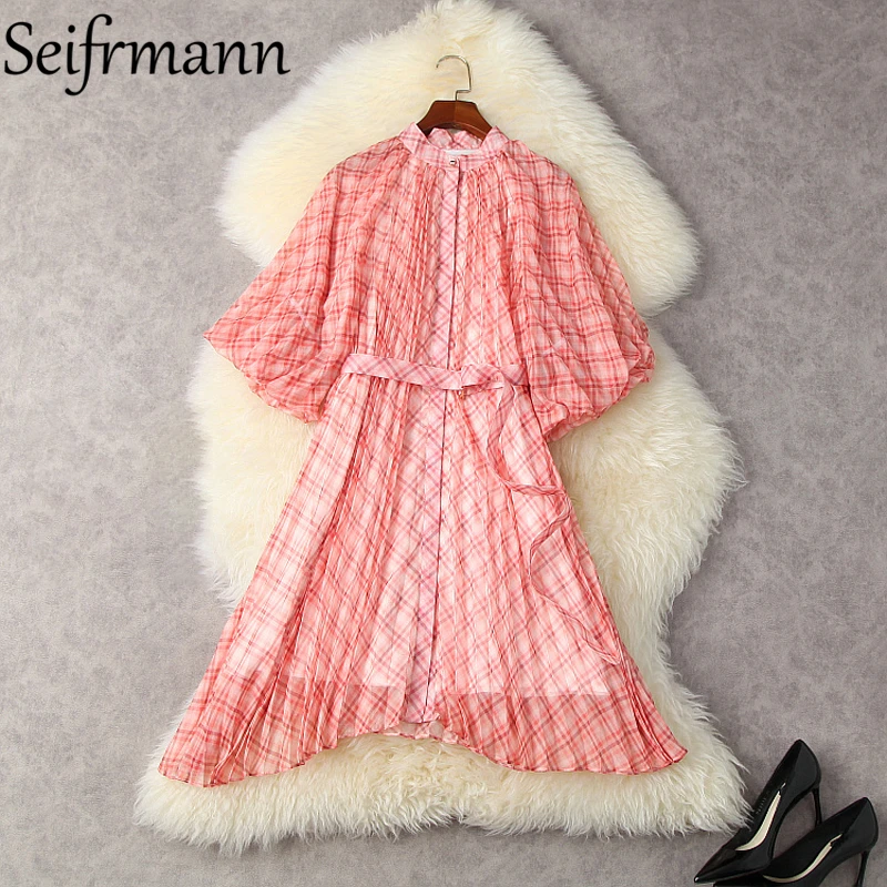 

Seifrmann New 2021 Summer Women Fashion Runway Asymmetrical Dress Lantern Sleeve Sashes Loose Striped Print Chiffon Midi Dresses