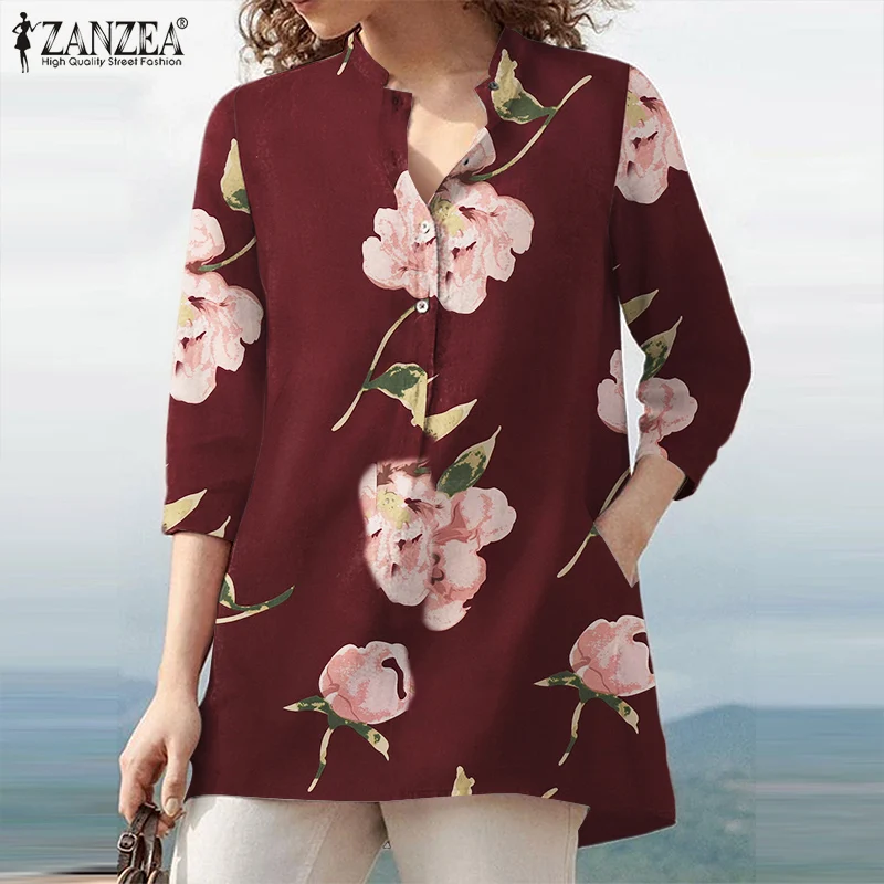 

ZANZEA Autumn Vintage Bohemian 3/4 Sleeve Blouse Oversize Floral Printed Shirt Women Tunic Tops Chemise Casual Flower Blusas