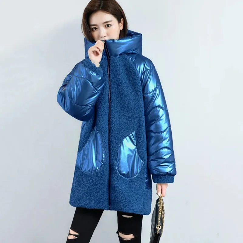 

New Glossy Down Cotton Coat Autumn Winter Long Jacket Loose Plus Size Imitate Fleece Faux Fur Coats Casual Hooded Parka Overcoat