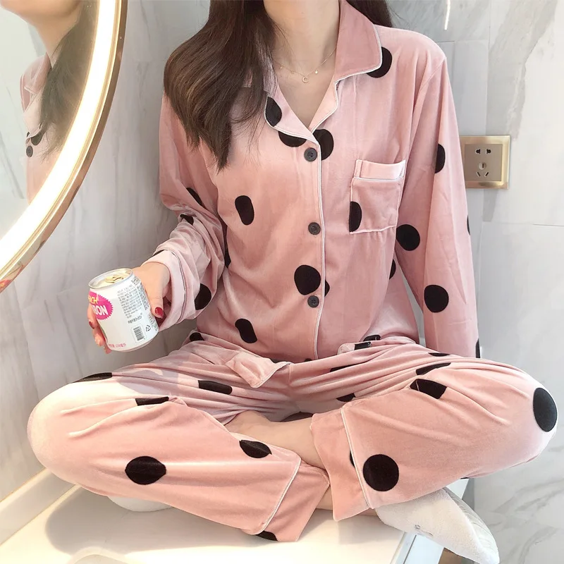 Autumn Winter Women Pyjamas Sets pajamas Sleepwear Suit Thick Warm Gold velvet nightgown Long sleeve casual dot pattern | Женская одежда