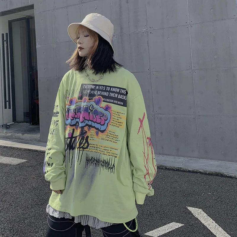 Футболка с длинными рукавами принтом граффити и круглым вырезом Мужская Уличная