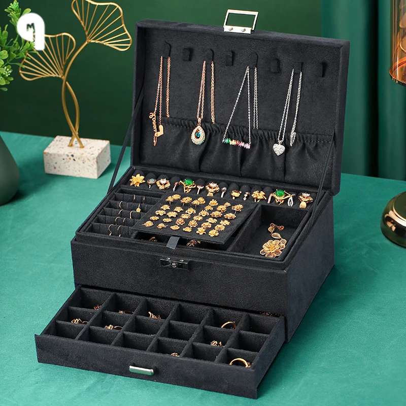 

QM New Black 3-Layer Flannel Jewelry Organizer Box Necklaces Earrings Rings Display Holder Case Women Large Capacity With Lock