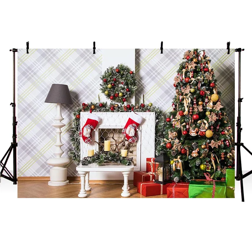 Фон для фотосъемки Рождество Зима Рождественская елка камин Подарок Мигающие