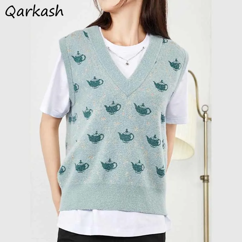 

Sweater Vest Women Spring Design Print V-neck Fashion College Simple Knitwear Casual Cozy Harajuku Street Lovely Ladies Teens