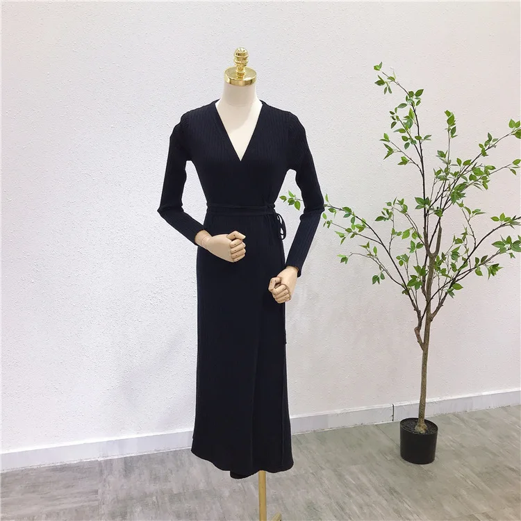 

TVVOVVIN French V-neck Knitting Solid Color Dress Spring New Lace-up Long Sleeve Female Mid-length Dress 4X0X