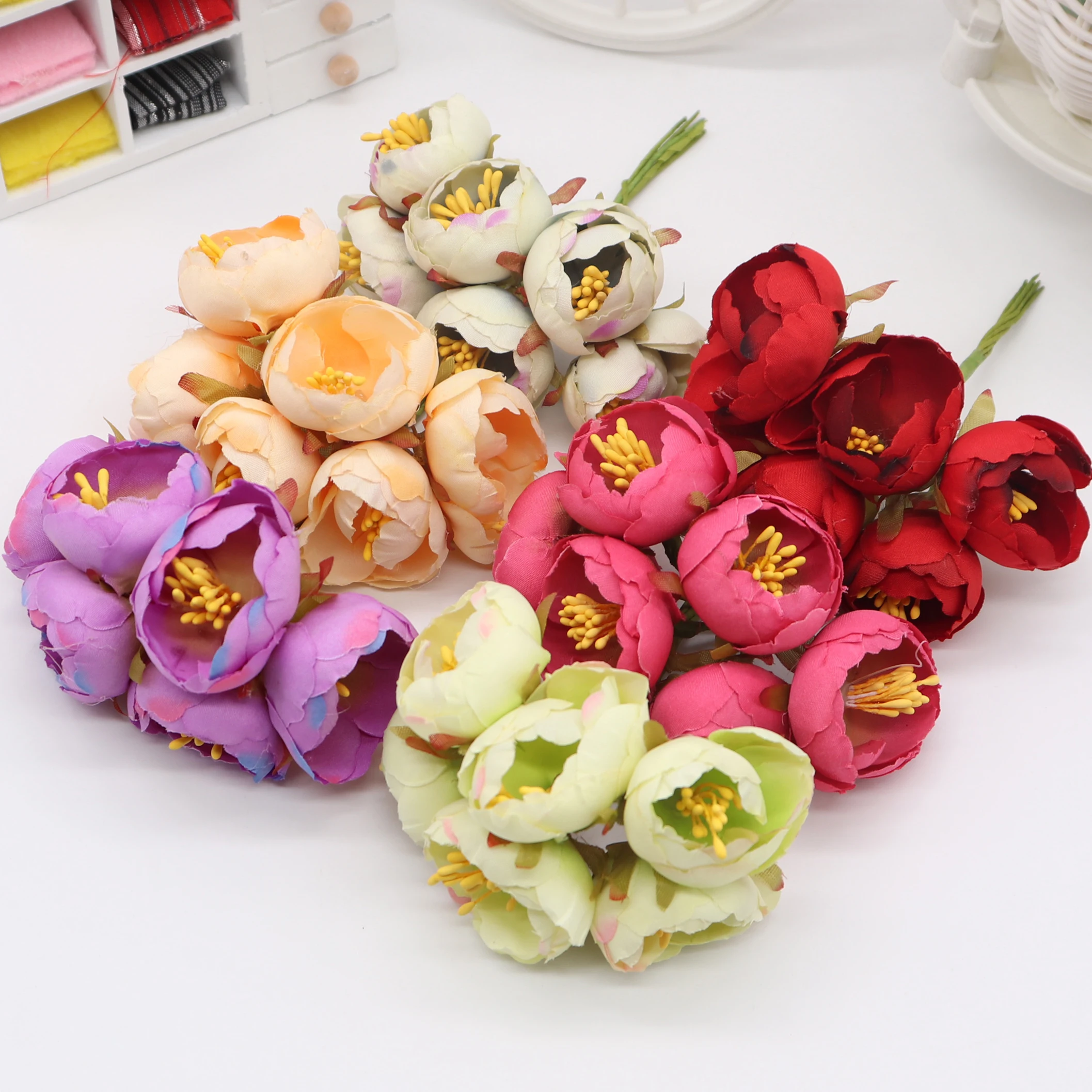 6 шт. миниатюрные Чайные розы искусственные цветы для свадьбы украшения дома