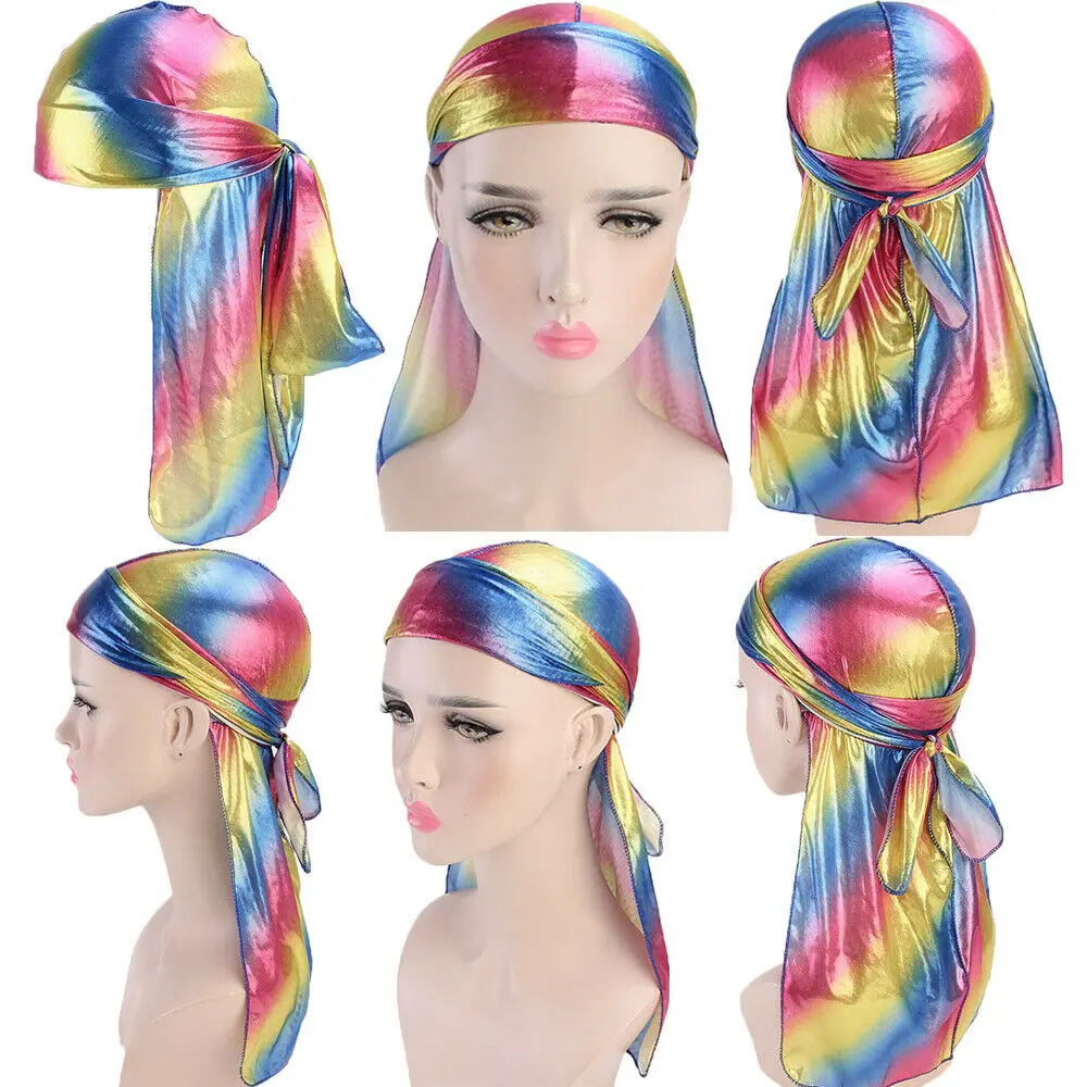 

Унисекс шелк лазерный бандана шляпа модный тюрбан полиэстер Durag тряпка хвост Тюрбан повязка на голову в подарок для мужчин для женщин