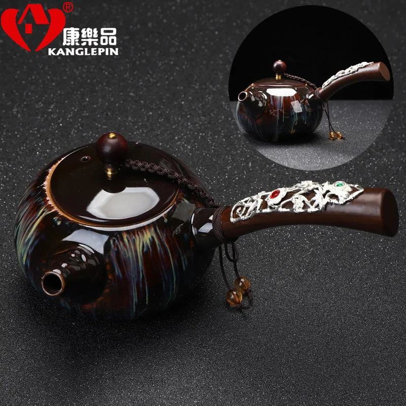 

Hand Made Ceramic Teapot Handle Filter Side Handle Tea Kettle Ice Cracked Glaze 201-300ml Tetera Turca Kitchen Supplies EF50TP
