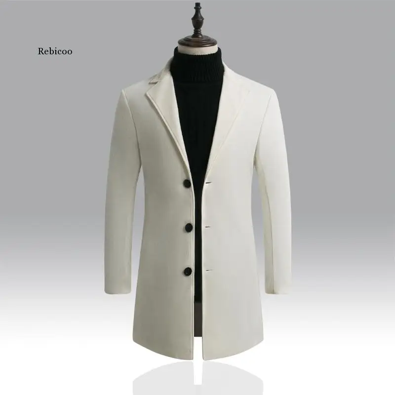

Autumn Winter Mens Fleece Blends Jacket Male Overcoat Casual Solid Slim Collar Coats Long Cotton Trench Coat Streetwear