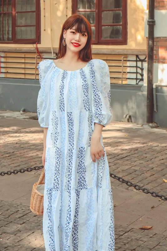 

Dresses Bohemian Retro Dress Korean fashionCotton and Linen Printed Puff Sleeve off-Shoulder Loose Ethnic Style Dress Kawaii