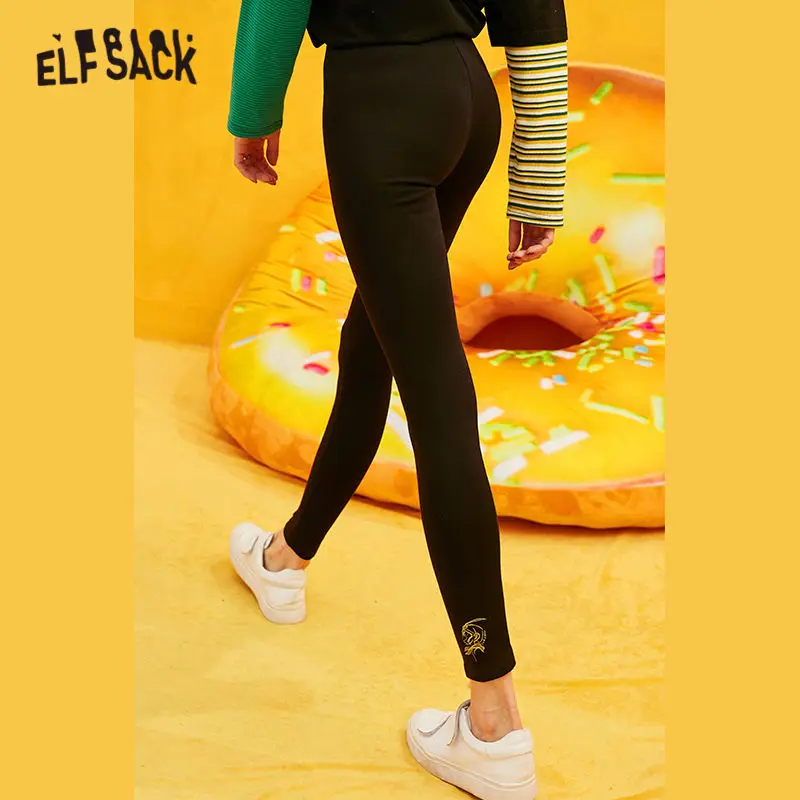 Женские однотонные джинсы ELFSACK черные теплые офисные брюки карандаш с вышивкой