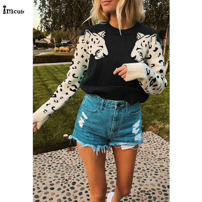 Женский вязаный свитер с длинным рукавом леопардовым принтом | Женская одежда