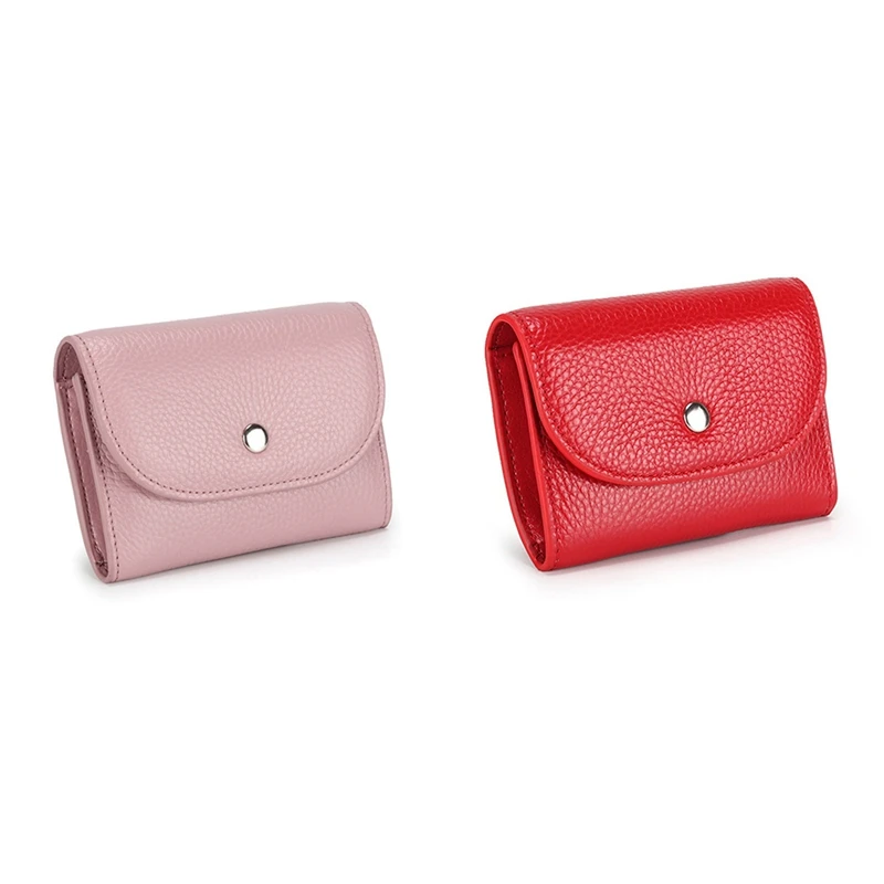 

2x PU Leather Coin Purse Mini Large-Capacity Coin Bag Head Layer Cowhide Multifunctional Business Card Bag Pink & Red