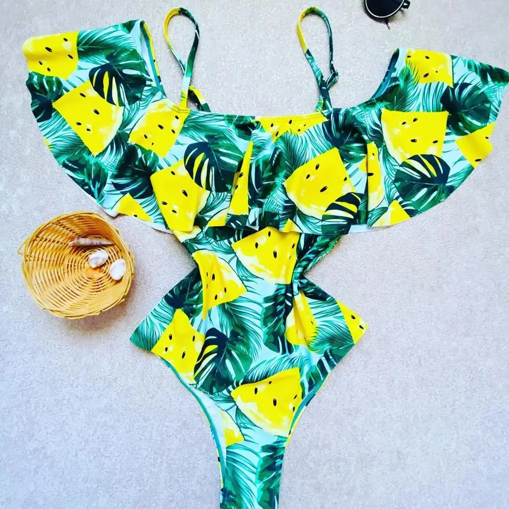 

Sexy V-NECK Shoulder Ruffle One Piece Swimsuit 2021 New Swimwear Women Swimsuit Backless Bathing Suits Beach Wear Swim Suit