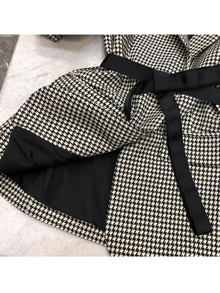 

Houndstooth Lantern Sleeve Contrasting Color Tie Waist Waist Plaid Blazer Ladies Autumn New Fashion Personality Top