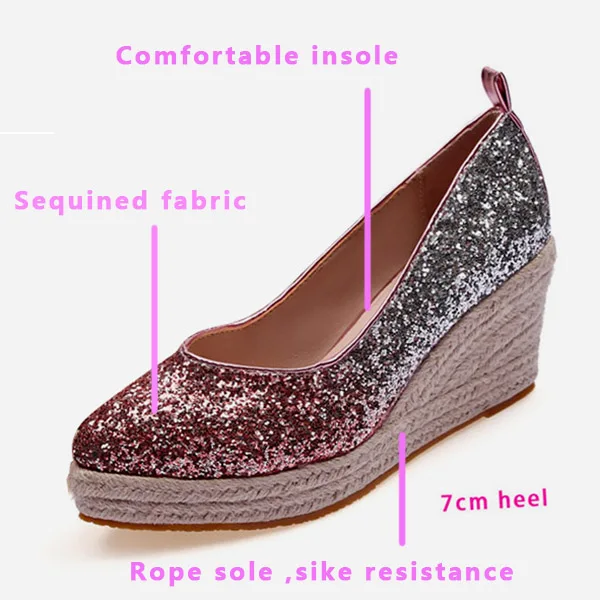 EAGSITY/обувь на танкетке с блестками Женские эспадрильи высоком каблуке Туфли