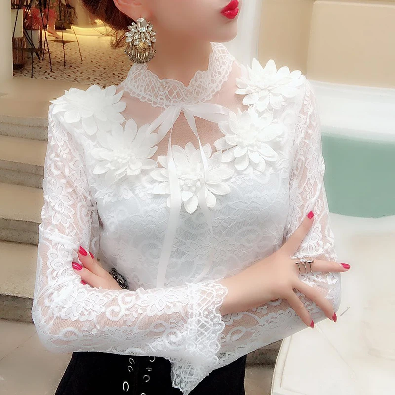 

Ladies Lace Blouse 2019 New Spring Autumn Slim Long Sleeved Sexy Hollowing Out Tops Ladies Flower Three-dimensional Casual Tops