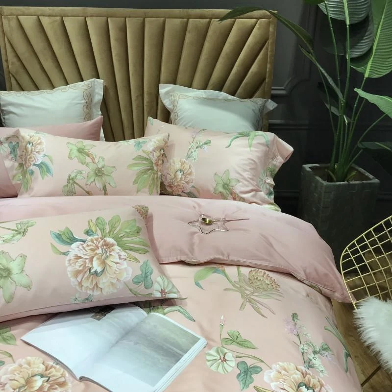Pink blossom bedding set 100% Egyptian cotton floarl print bed sheets Satin duvet cover pastoral bedspread queen king size | Дом и сад