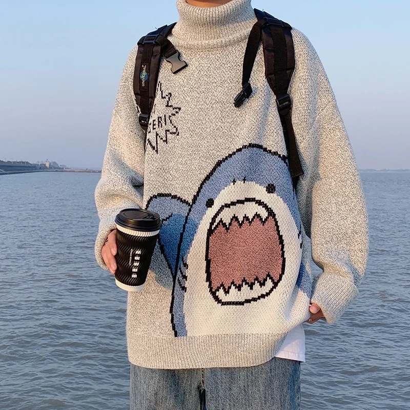 Men Turtlenecks Shark Sweater Men 2020 Winter Patchwor Harajuku Korean Style High Neck Oversized Grey Turtleneck for Men