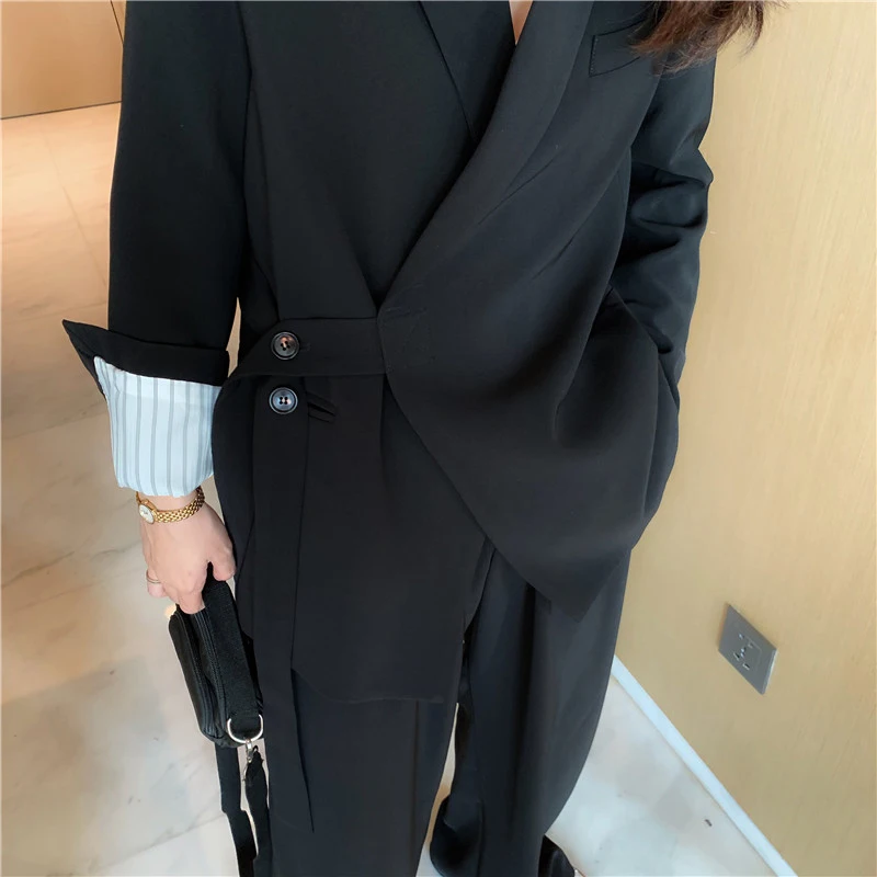 BornSra Vintage Two Pieces Set Women Blazer Lace Up Notched &amp Loose Pant Suits Female Trouser Suit 2020 | Женская одежда
