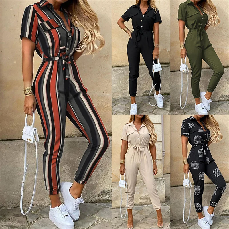 

hirigin Summer Women Jumpsuit Short Sleeve Turn-down Collar Waistband Striped Print Clothes Female Ladies Rompers Long Pants New